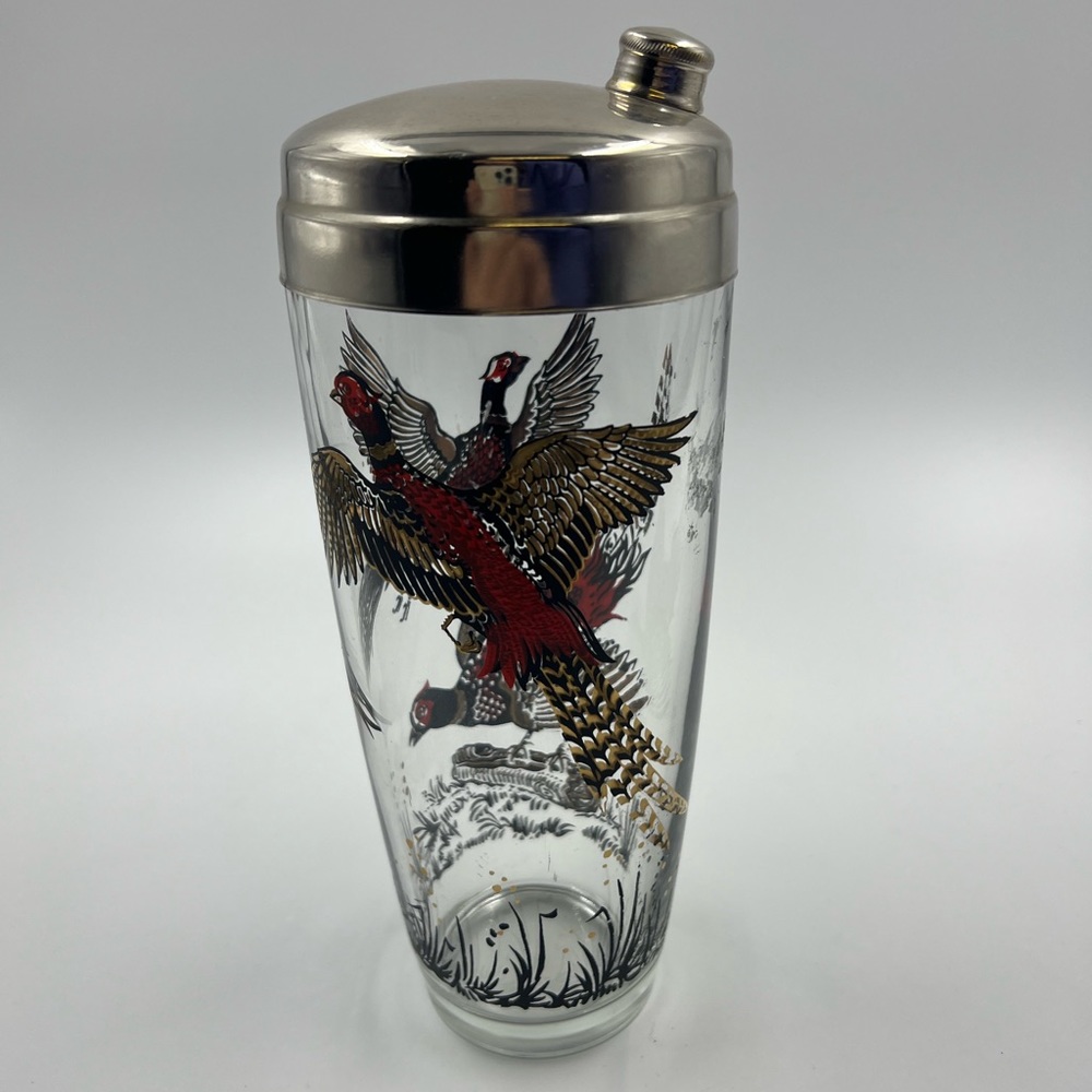 Vintage Mcm Glass Drink Shaker Mixer With Pheasants